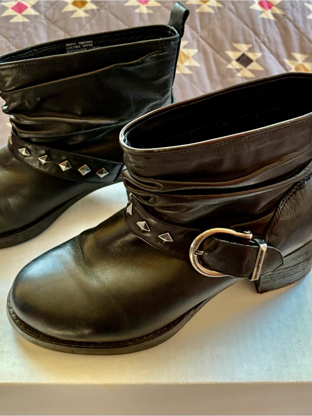 Black Leather Studded Ankle Boots with Buckle Detail